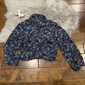 Drew Shirt Top Navy Blue Brown Floral Cropped Long Sleeve Button Up Size XS New